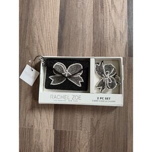 NWT Rachel Zoe Card Case Charm Set Women OS Black Beaded Bow 2pc Gift Set